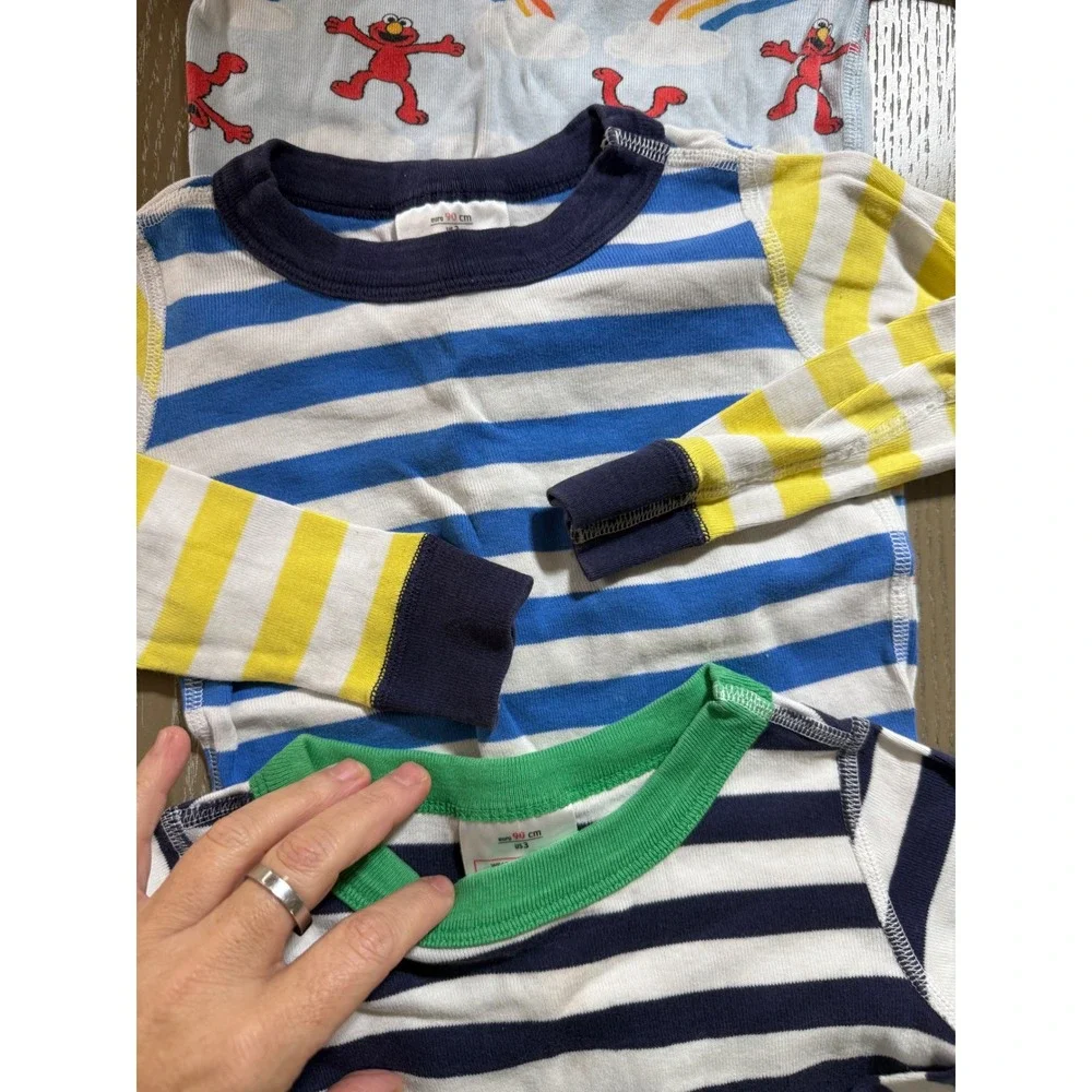 Hanna Andersson Pajamas Kids US 3 Blue Yellow Striped Elmo Sesame Street 4pc Set
